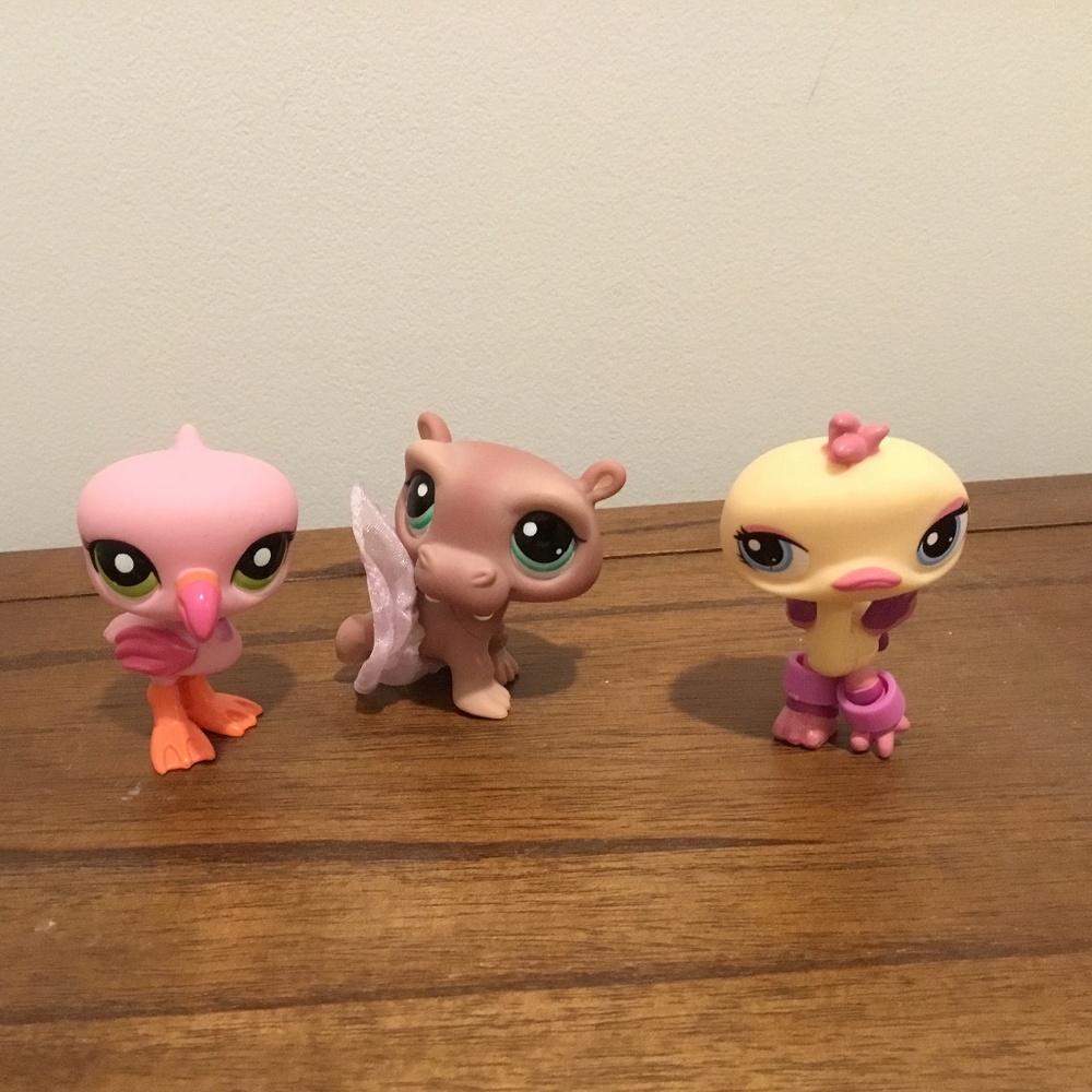Littlest Pet Shop Hippo #1415, Ostrich #1416, and Flamingo #1890